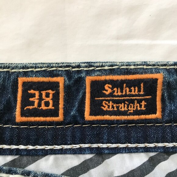 Rock Revival Suhul Straight Jeans Men 38x28 Blue Mid Rise Distressed Embroidered - Picture 4 of 16